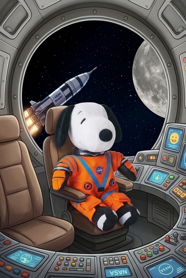 Plush Snoopy in an orange NASA spacesuit seated in a lunar capsule, with a rocket, moon, and starry space visible through the porthole
